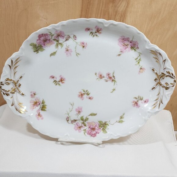 Theodore Haviland Limoges Platter 14x10" Schleiger 144 Green Scrolls Pink Rose - Picture 1 of 10